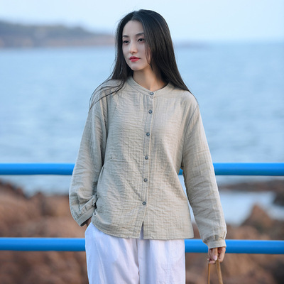 Retro Women 2023 Spring new pattern Long sleeve shirt Easy Solid Chinese style lady Cotton shirt wholesale