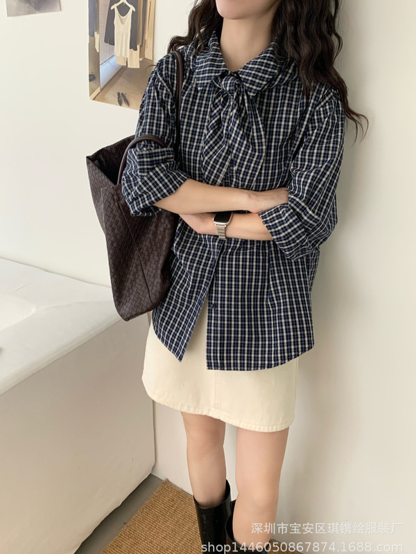 琪镌绘制秋季款穿搭复古女装显白格子衬衫设计感飘带叠穿衬衣631|undefined