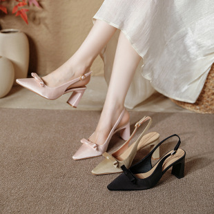 French Toe Sandals 2025 New Summer Chanel Style Satin Noble Elegant Pointed Empty Thick Heel Shoes