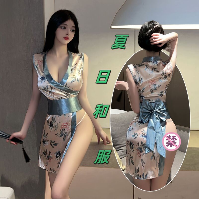 Sexy lingerie women's Japanese style sexy printed bow kimono bathrobe uniform seduction suit generation hair Sexy lingerie women's Japanese style sexy printed bow kimono bathrobe uniform seduction suit generation hair