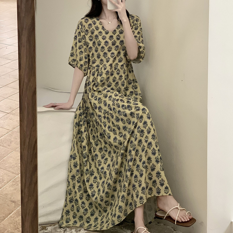 French Pastoral Style Floral Dress for Women, Summer Thin Loose Long Dress, Sexy Nightgown, Seaside Vacation Cotton Dress