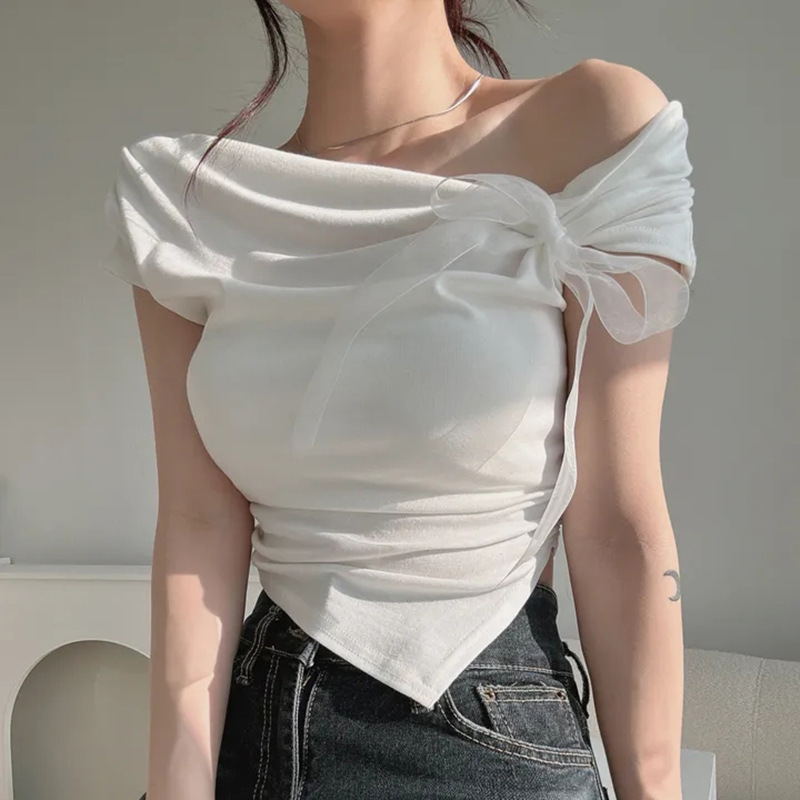 South Korea's Dongdaemun Summer New Lace-Up Irregular Off-Shoulder Short-Sleeved T-Shirt