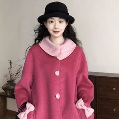 日系学院风撞色设计感娃娃领毛呢外套小个子宽松休闲百搭加厚大衣