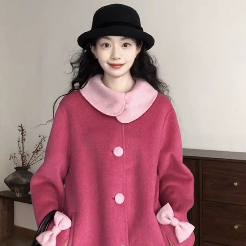 Japanese-Style College Color-Blocking Design Doll Collar Wool Coat for Petite Figures, Loose Casual Versatile Thick Coat