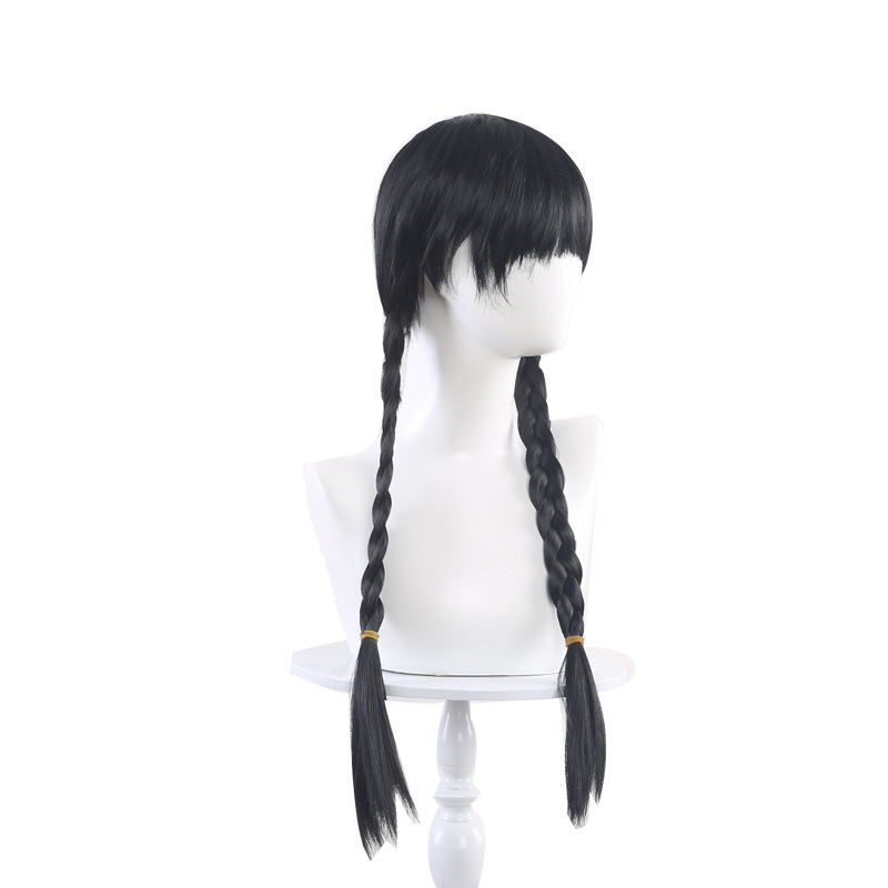 Halloween Wednesday Wig Black Double Braided Hair Cos Synthetic Fiber Full Head Wig Factory Wholesale in Stock