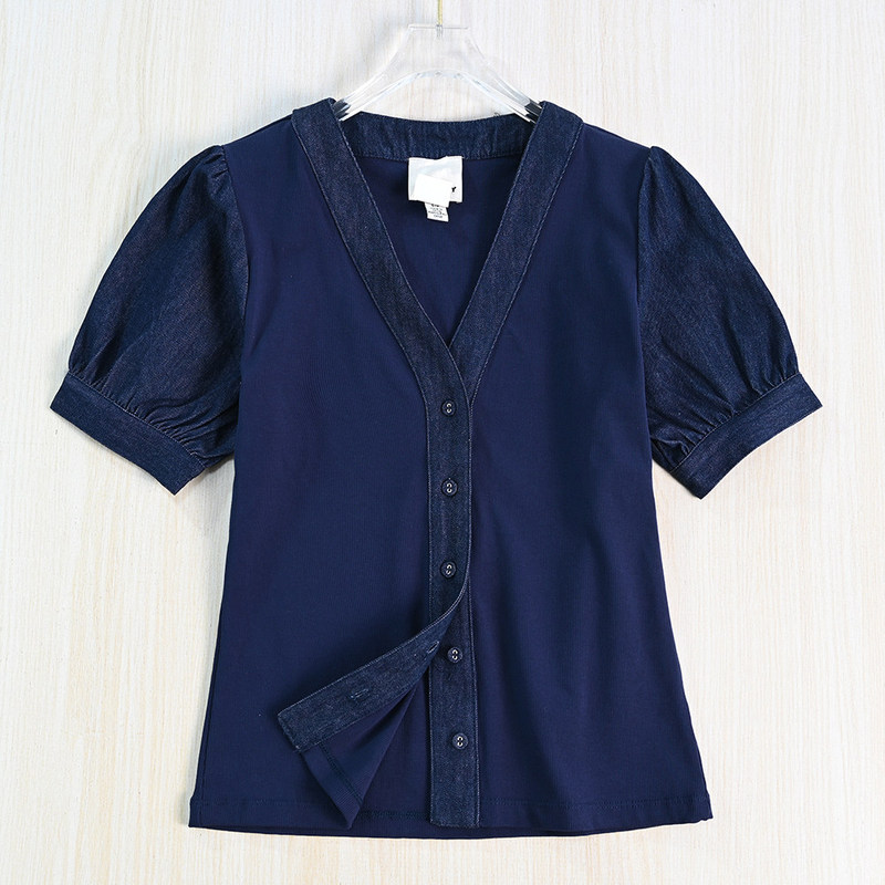 Siqi Women's Clothing Exquisite Denim Patchwork V-Neck Buttoned Slim Fit Puff Sleeve Short Sleeve Knit Top Siqi Women's Clothing Exquisite Denim Patchwork V-Neck Buttoned Slim Fit Puff Sleeve Short Sleeve Knit Top
