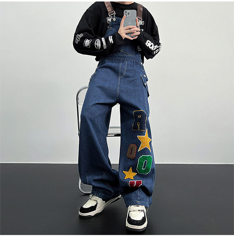 Ropa de hombre Monos de mezclilla Pantalones de una pieza de marca de moda para hombre Pantalones casuales con tirantes de carga holgados y bordados con volantes_voghion.com