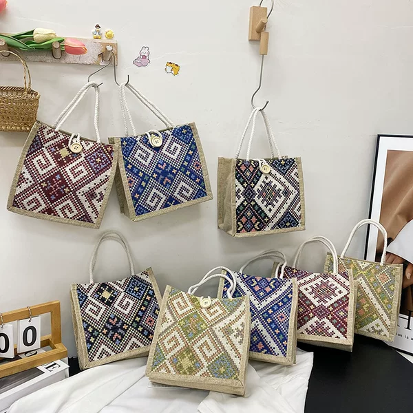 Ethnic-style Canvas Bag Women's Summer New Fashion Outgoing Portable Linen Lunch Box Lunch Bag Hand Carrying Mummy Bag
