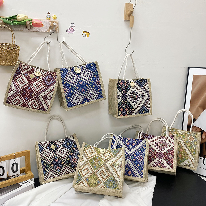 Ethnic-style Canvas Bag Women's Summer New Fashion Outgoing Portable Linen Lunch Box Lunch Bag Hand Carrying Mummy Bag Ethnic-style Canvas Bag Women's Summer New Fashion Outgoing Portable Linen Lunch Box Lunch Bag Hand Carrying Mummy Bag