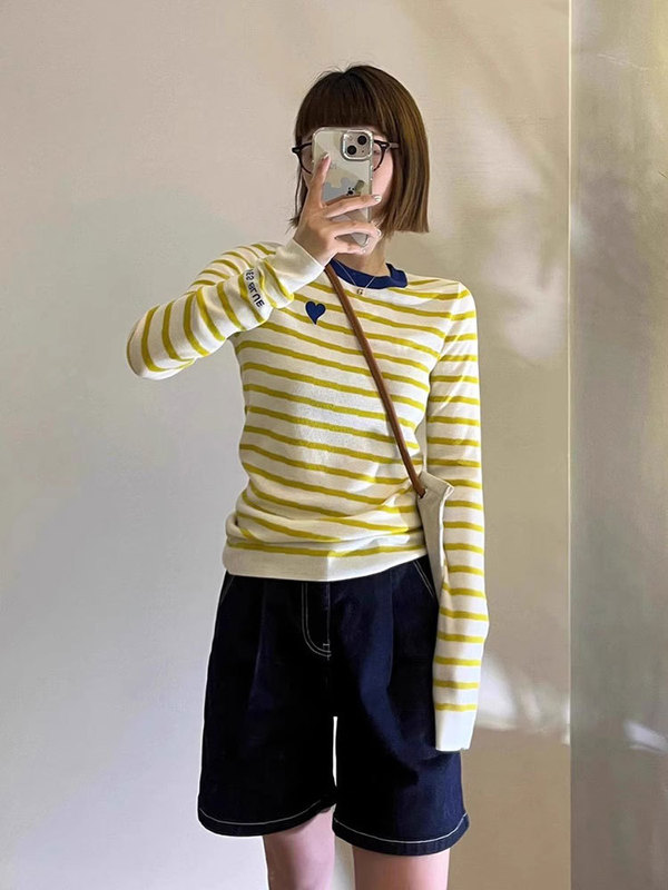 黄色条纹正肩内搭打底衫上衣女春秋季短款修身小个子针织长袖t恤|undefined