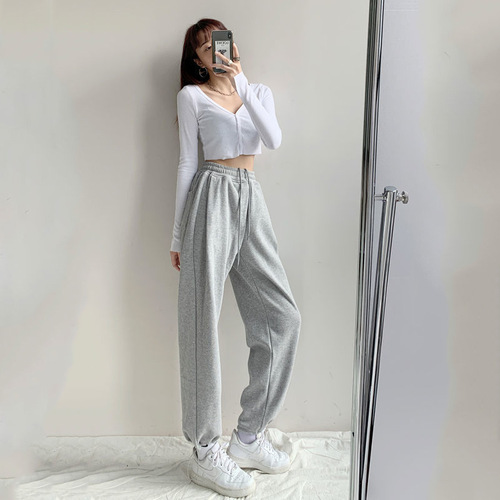 Women's Autumn/Winter New Arrival Light Gray Sport Pants High-Waisted Fleece Ankle Pants Versatile Casual Ins Trend Wide Leg Pants