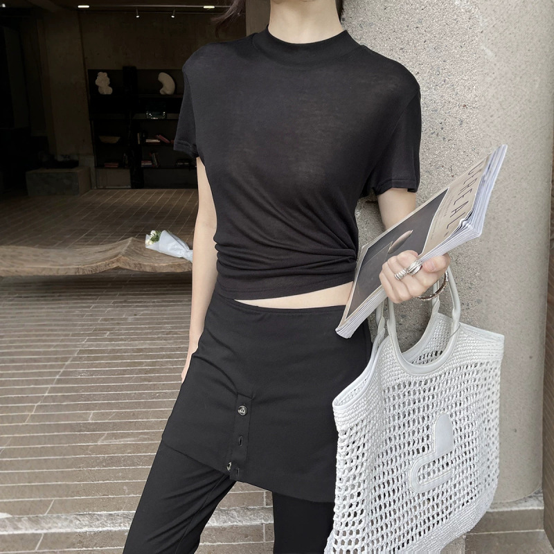Hoo Summer New French-Style Tencel Wool Minimalist Half-High Collar High-Elastic Lazy Versatile Short-Sleeve T-Shirt Tb4122 Hoo Summer New French-Style Tencel Wool Minimalist Half-High Collar High-Elastic Lazy Versatile Short-Sleeve T-Shirt Tb4122