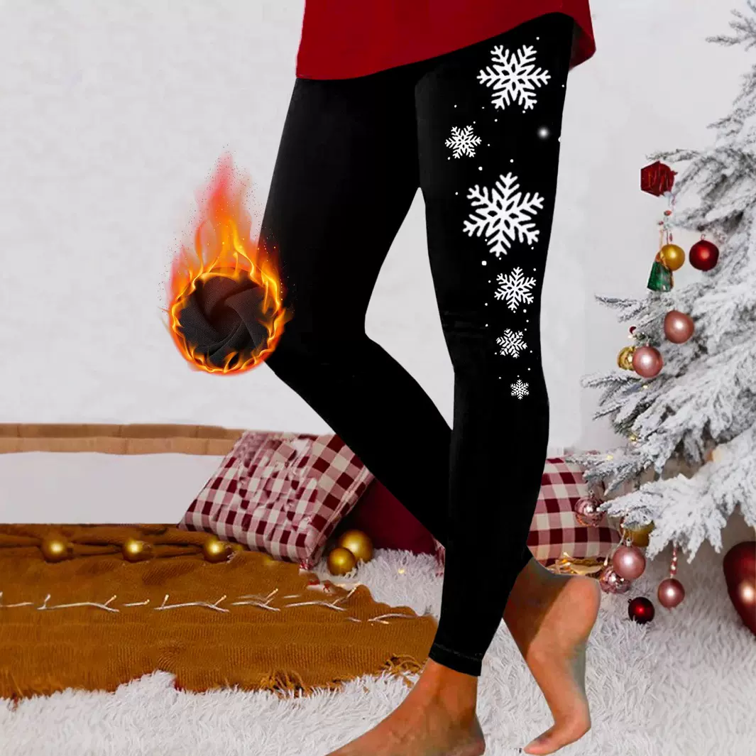 圣诞节瑜伽裤女冬季加绒打底裤图案印花户外健身紧身裤高腰提臀裤