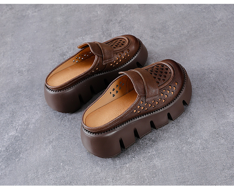 Sandal nữ đế dày da bò thật, mũi bít lỗ, gót thấp đi hè — Màu nâu chi tiết 12