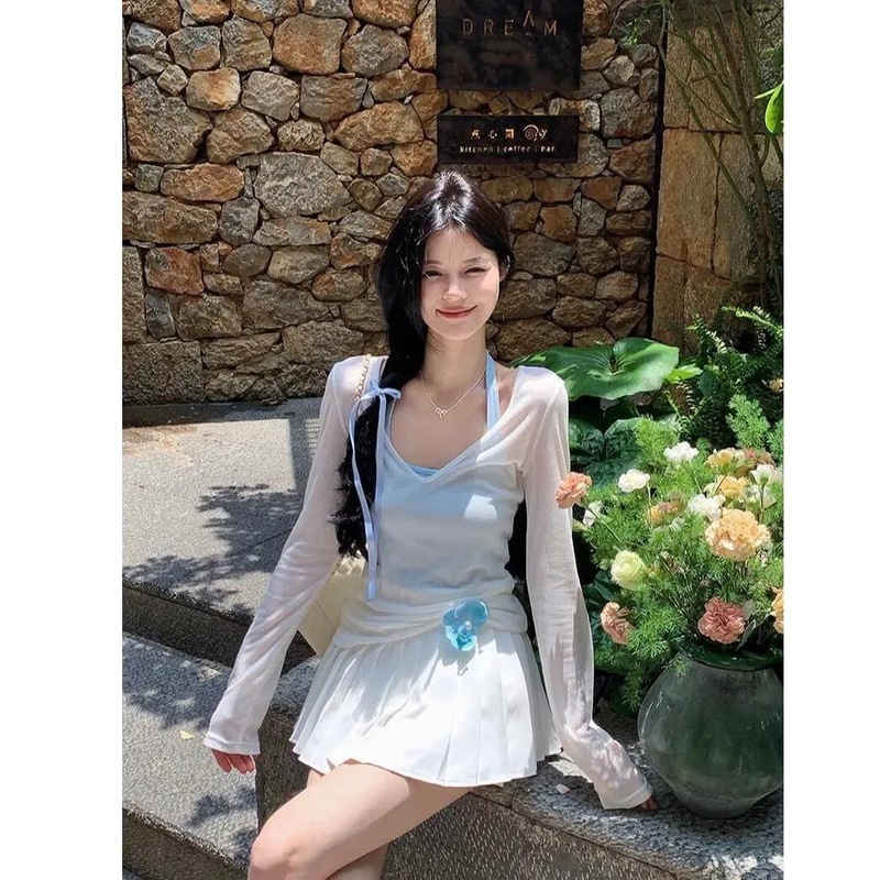 夏ニッチインナーホルターベストトップファッションツーピースピュアセックススタイルスーツVネック薄手ブラウスTシャツ女性用|undefined