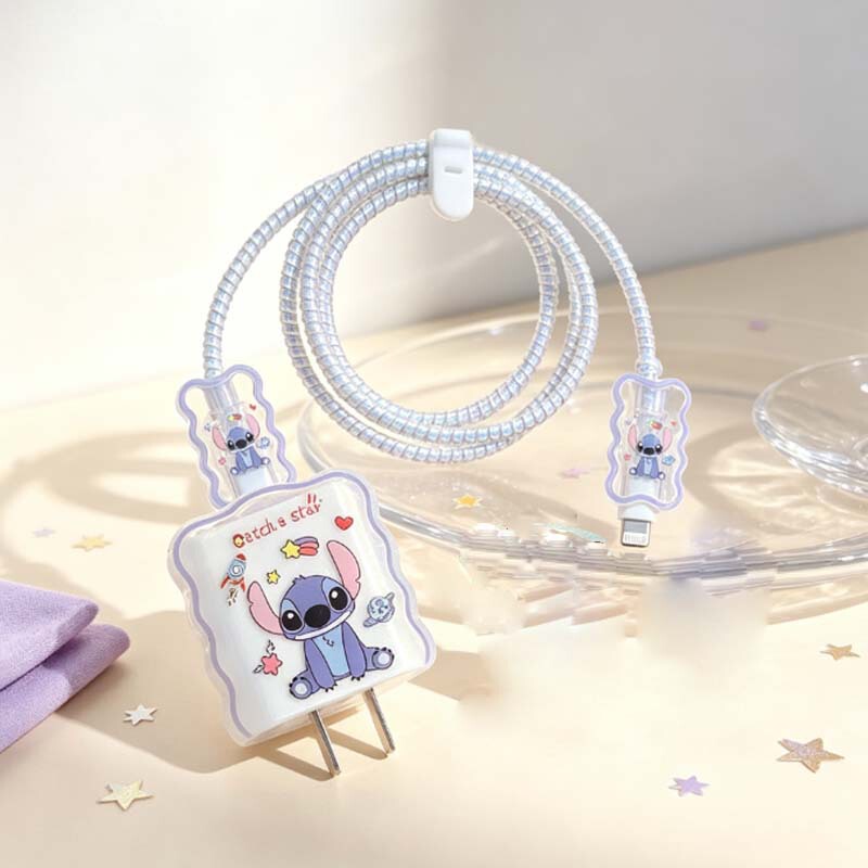 Cartoon wave-edged Stitch design, suitable for Apple 20W/18W charging adapters, data cable protectors, and cable organizers