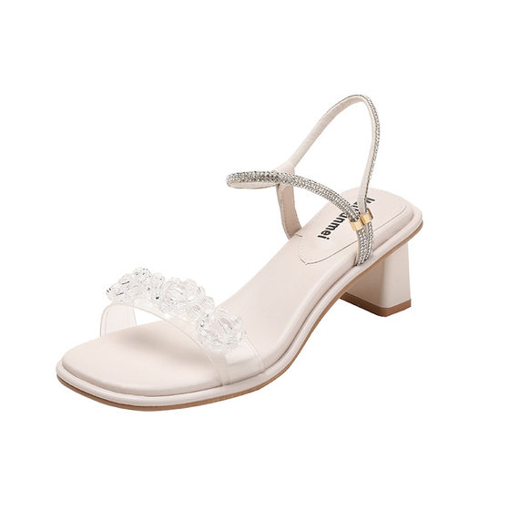 Summer Outer Wear Sandals Fairy Style Wear Beads Thick Heel Small Chanel Style Drill Belt Women's Sandals