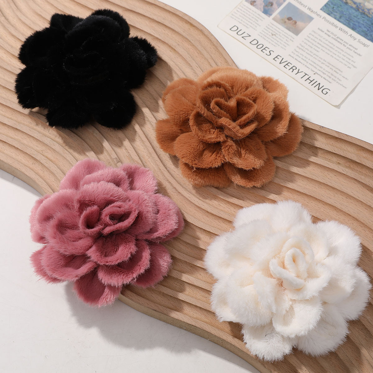 深秋初冬軟糯慵懶感毛絨絨山茶花DIY手工髮夾髮飾服裝輔料配件
