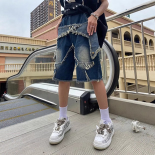 American Retro Loose Slimming Denim Shorts for Men and Women, Summer Design with Raw Edges, Loose Straight Wide-Leg Pants Trendy