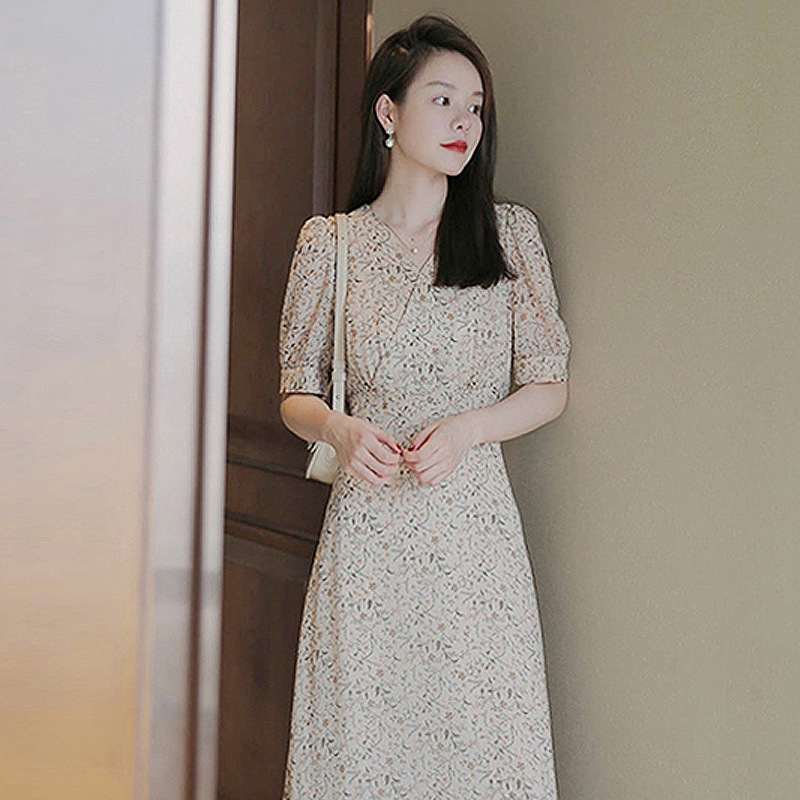 Summer New French Retro Puff Sleeve Fairy Floral dress Niche Gentle Tight Waist Mid-length Skirt