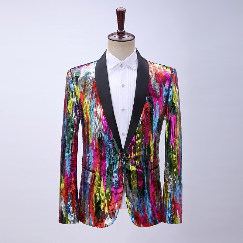 Men's colorful rainbow vertical sequins solo dress suit Birdegroom photos shooting blazers hair man suit for man singers jazz Dance nightclub bar host coats