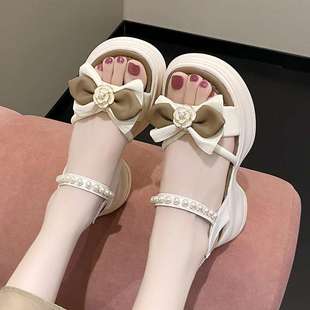 Sandals for Women's Summer Outer Wear 2025 New Style Exquisite and Not Tiring Feet Bow with Skirt for Work Thick-Soled Roman Travel Shoes