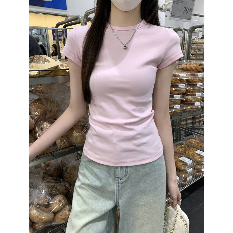 One-Piece Drop-Shipping American-Style Spicy Girl Regular Shoulder T-Shirt for Women, Summer Basic Slim-Fit Round Neck Inner Top, Short-Sleeved Base Layer