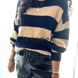 2021冬季新款拼接条纹欧美外贸跨境女式毛衣独立站爆款套头打底衫