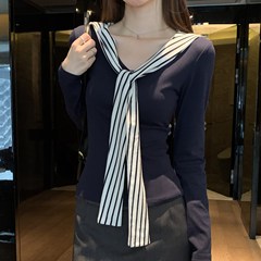 实拍 韩版咖色海军领披肩正肩长袖t恤女秋季修身显瘦假两件小上衣