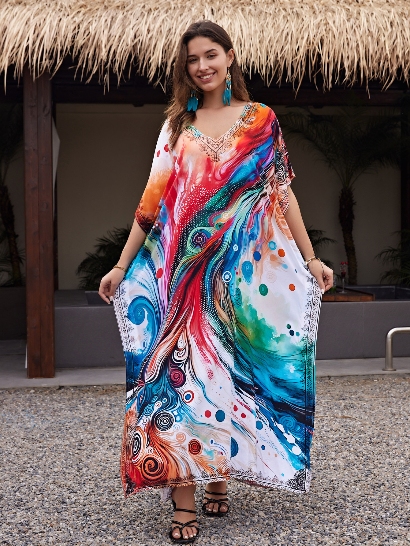 Rochie de plajă lungă kimono dama boho viscoză tie-dye_voghion.com