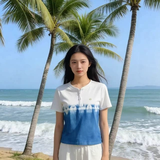 云南大理植物手工扎染夏季舒适圆领半拉链气质女短T小上衣M8855