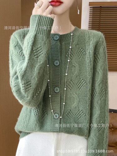 Autumn and winter new imitation wool round-neck knitted cardigan long-sleeved feminine style solid color hollowed-out all-match top