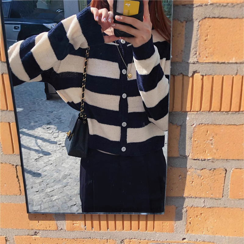 Spot Contrasting Color Thick Stripesd Knitwear Outwear Cardigan Women's 2025 Early Spring New Casual Work Clothing Knitwear