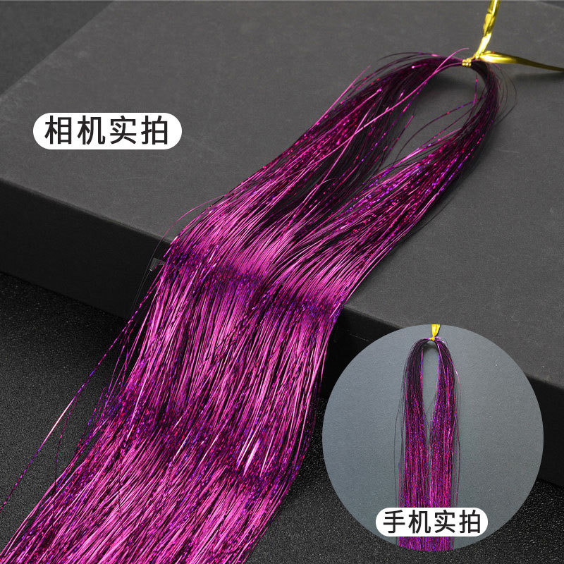 Amazon caliente tinselhair láser de alambre de oro brillante hilo de metal colorido sin costuras fábrica de fuente de cabello