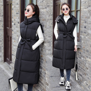 Cross-border 2024 New Women's Long Over-the-knee Vest New Hooded Cotton Canan Vest Korean Style Slim-fit Waist Coat Trendy