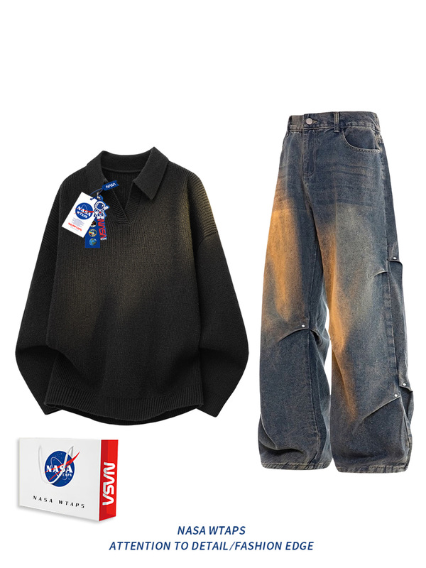 NASA ABOUT美式潮牌休闲运动套装男秋季新款宽松针织衫复古潮毛衣|undefined