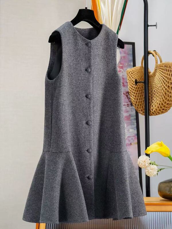 Korean Style Single-Breasted Woolen Vest Dress for Petite Women, New Fashion, Stylish and Versatile Sleeveless Ruffle Dress Korean Style Single-Breasted Woolen Vest Dress for Petite Women, New Fashion, Stylish and Versatile Sleeveless Ruffle Dress