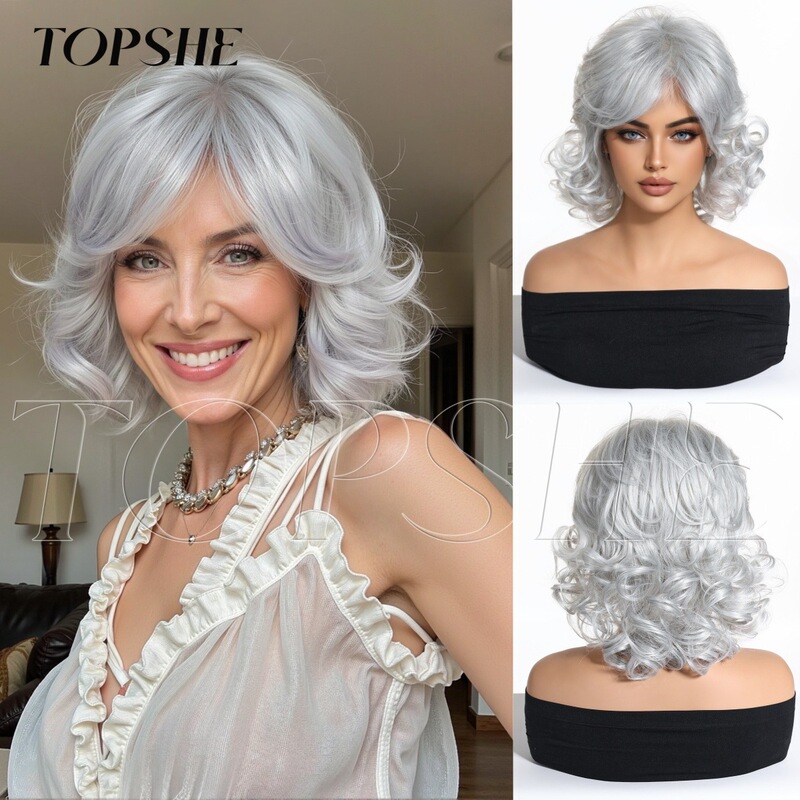 Fashionable Ladies Middle-Aged and Elderly Mothers Silver White Short Curly Hair Fluffy Realistic Bobo Head European and American Wig Female Full Headgear