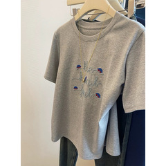 綿質2025春夏アメリカレトロ刺繍半袖女性カジュアルゆるい着痩せ上着デザイン感tシャツ大サイズ