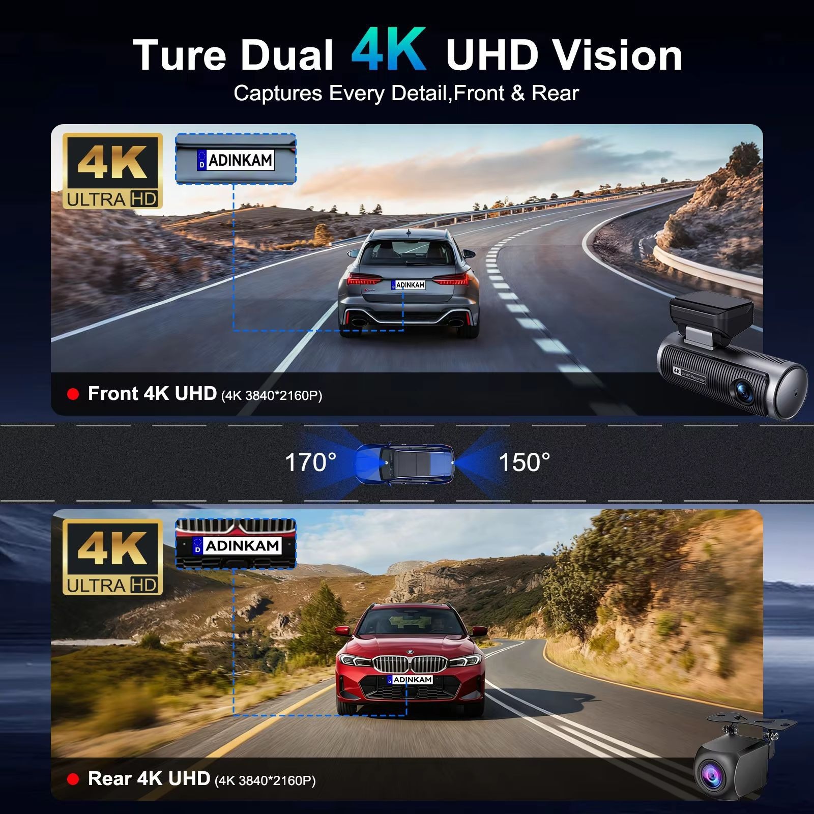 Cross-Border Driving Recorder with High-Definition Dual Lenses, Front and Rear 4K+4K, Mobile Phone Wifi Connectivity, Gps Car Recorder