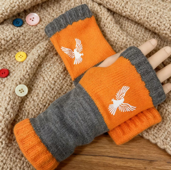 Knitted Fingerless Gloves For Women Warm Embroidered Patchwork_voghion.com