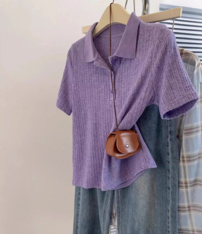 Áo thun polo nữ tay ngắn phong cách Hàn Quốc, chất liệu lạnh mùa hè, form vai vuông, màu tím — màu đen chi tiết 3