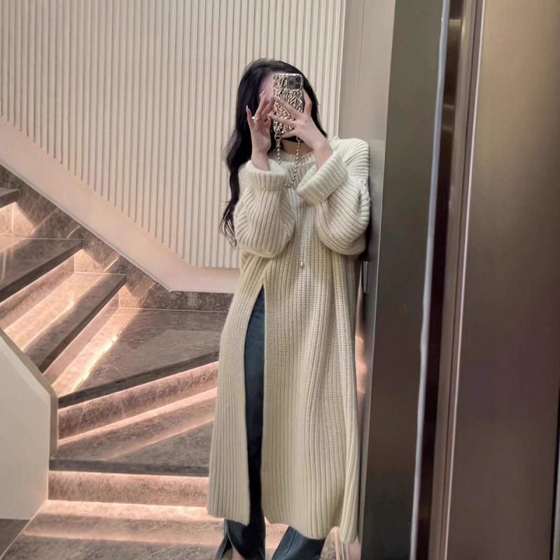 慵懒风法式毛衣裙女2025秋冬季新款套头开叉过膝中长款针织连衣裙|undefined