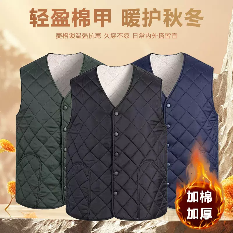冬季新款中老年男士加厚加绒休闲背心爸爸装无领加绒马甲内外穿