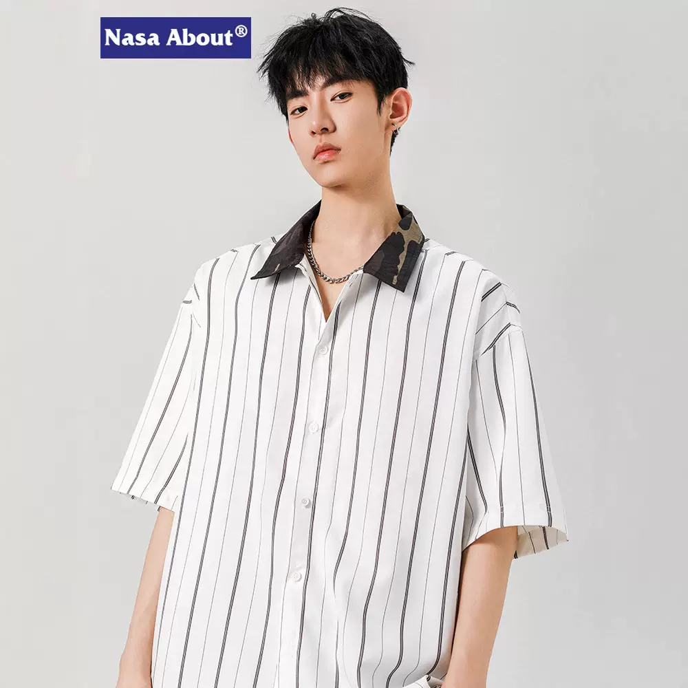 NASA夏季美式潮牌休闲衬衫翻领潮流宽松条纹T恤高级感痞帅休闲T恤