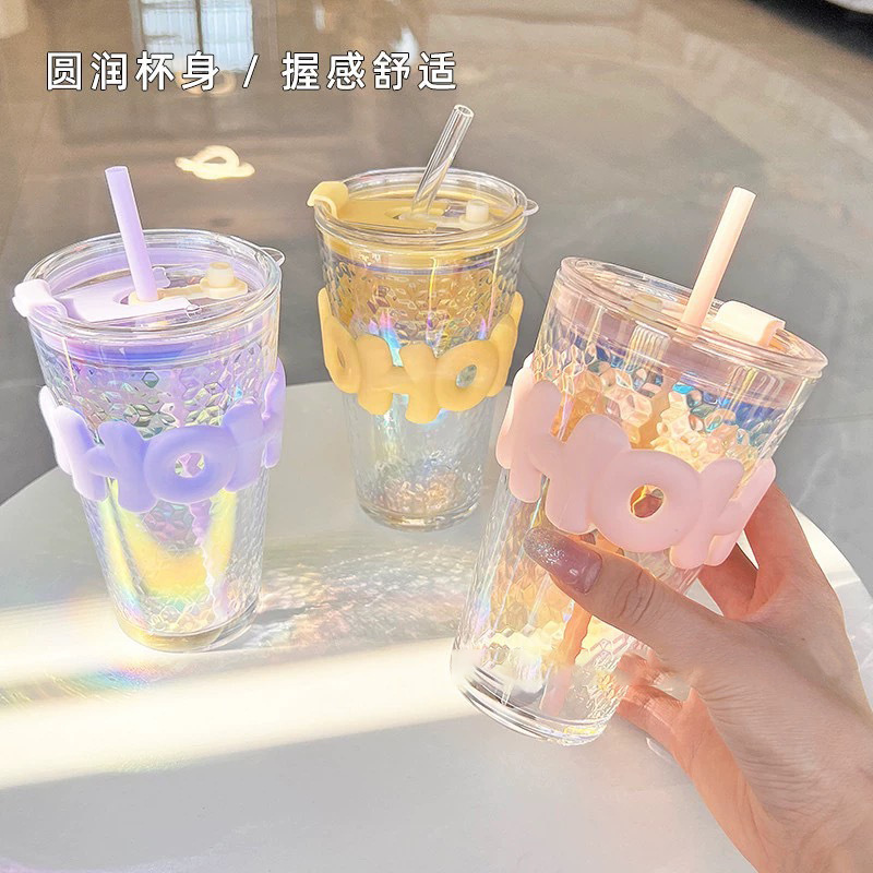 Colorful light raindrop glass double drinking cup office high color value water cup heat insulation anti-scalding cup cover transparent straw cup