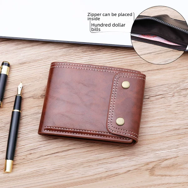 Button wallet Short men's wallet Oil Wax Leather wallet men's Cross-border US Dollar Bag with Zipper