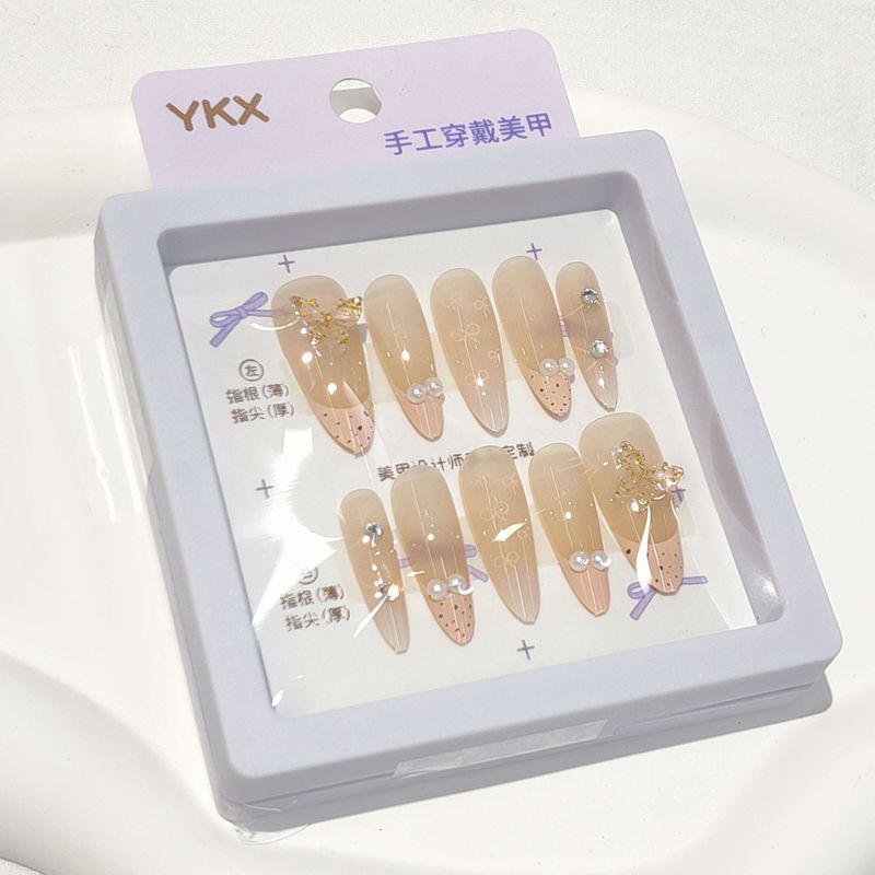 奶黄蝴蝶结新法式穿戴甲中长高级纯欲风美甲学生指甲贴可拆卸|undefined