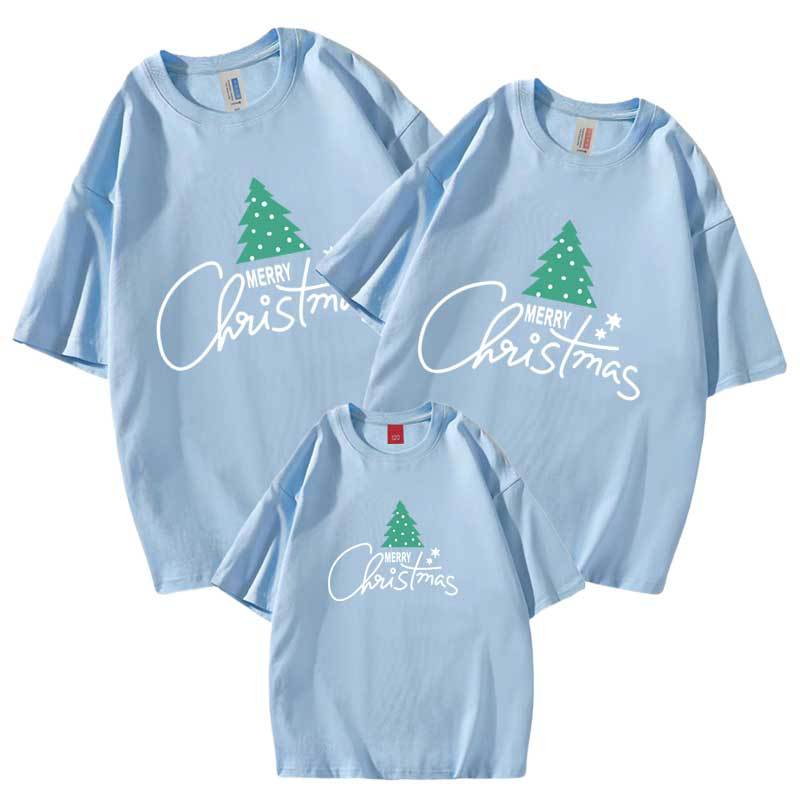 Árbol de Navidad Feliz Año Nuevo autoproducido y vendido algodón refinado ropa de padre-hijo ropa de niños de venta rápida manga corta cuello redondo Camiseta de los niños al por mayor