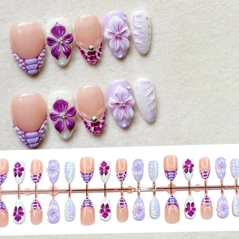 Purple French-Style Floral Press-On Nails for Girls, Ultra-Short Almond Shape, Cross-Border Hot-Selling Nail Stickers
